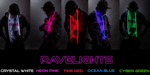 Ravelights come in 5 Neon Colours - Crystal White, Neon Pink, Fire Red, Ocean Blue, and Cyber Green.